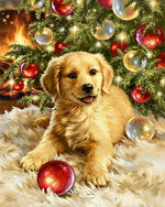 Golden retriever puppy by the fire cross stitch kit for beginners