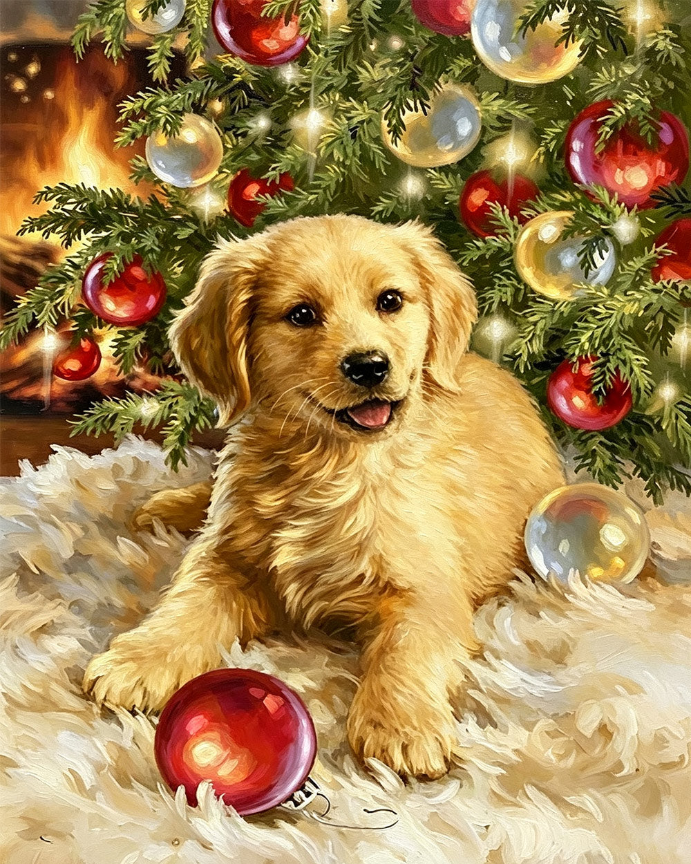 Golden retriever puppy by the fire cross stitch kit for beginners