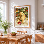 Golden retriever puppy by the fire cross stitch artwork displayed on wall as home decor