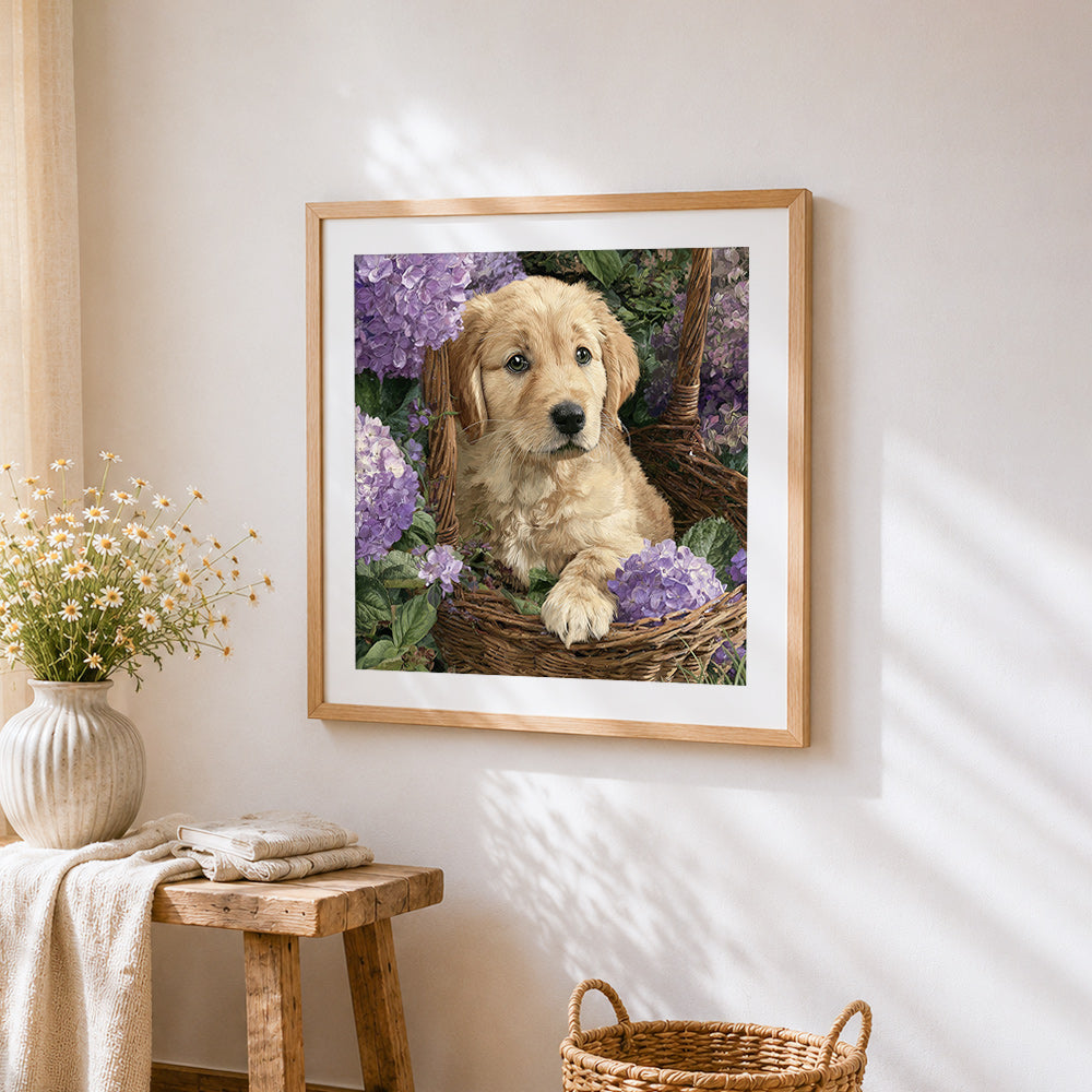 Golden retriever puppy in hydrangeas cross stitch artwork displayed on wall as home decor