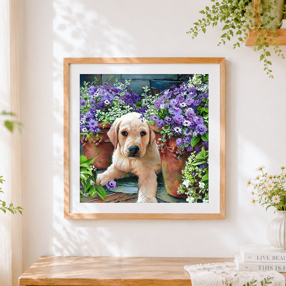 Finished golden retriever puppy with purple flowers cross stitch artwork displayed
