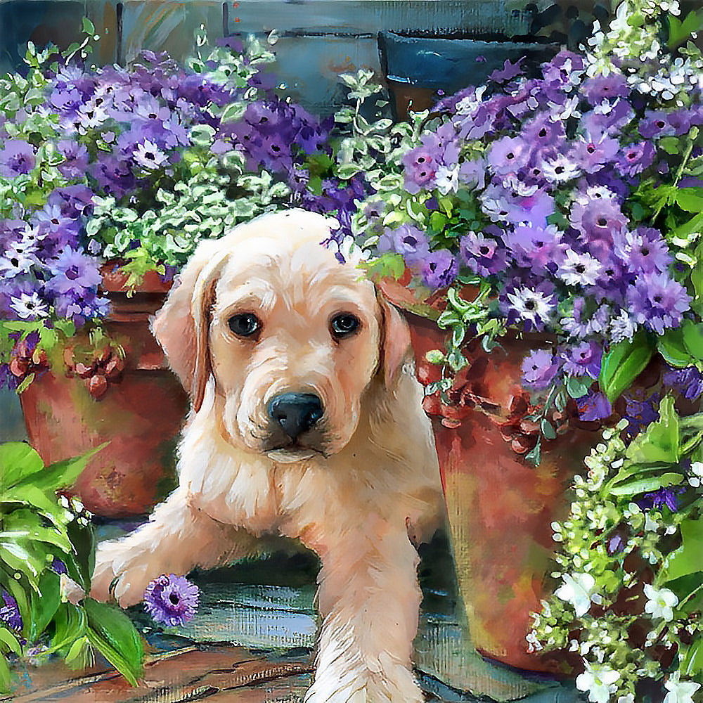 Golden retriever puppy with purple flowers cross stitch kit for beginners