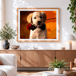 Finished golden retriever puppy with red rose cross stitch artwork displayed