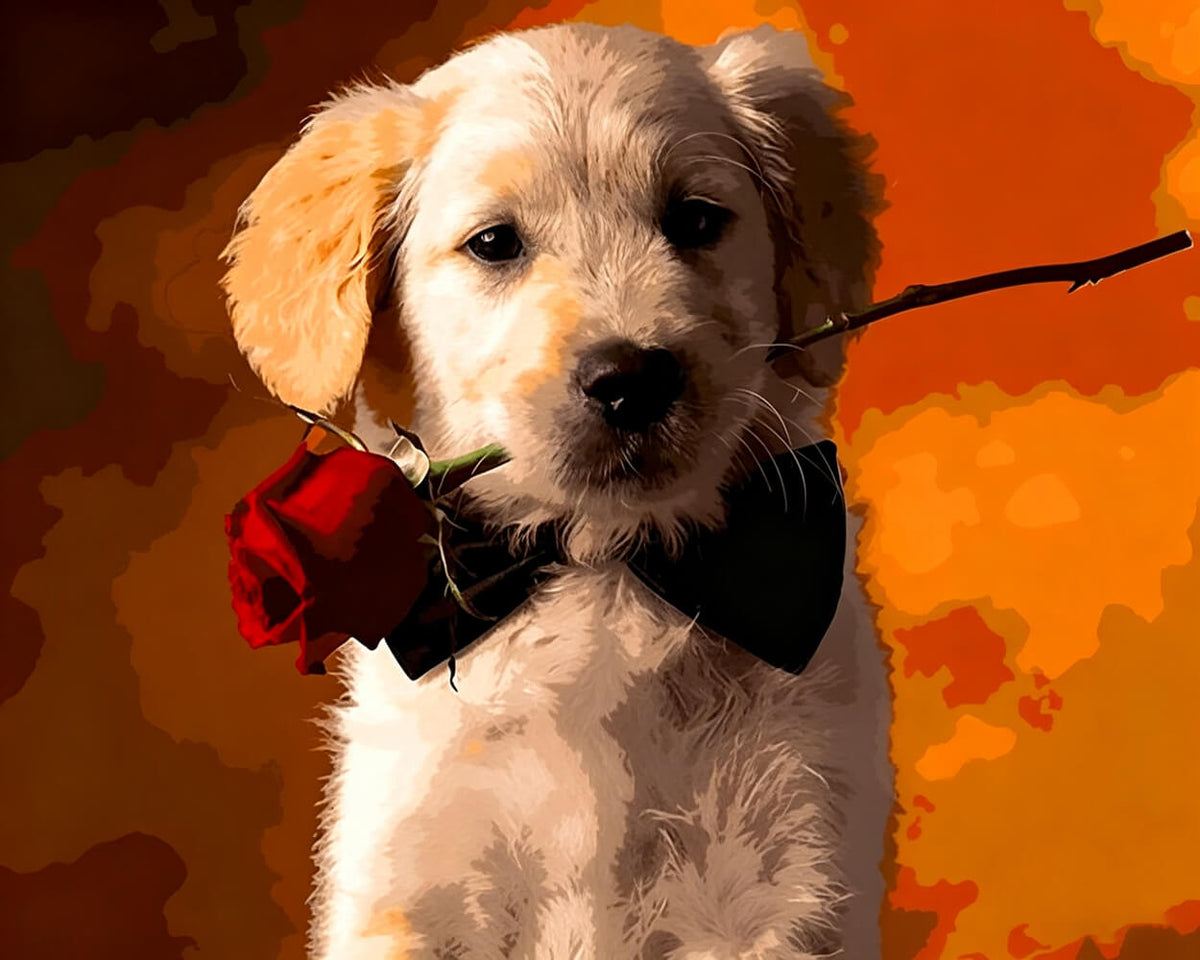 Golden retriever puppy with red rose cross stitch kit for beginners