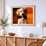 Golden retriever puppy with red rose cross stitch artwork displayed on wall as home decor