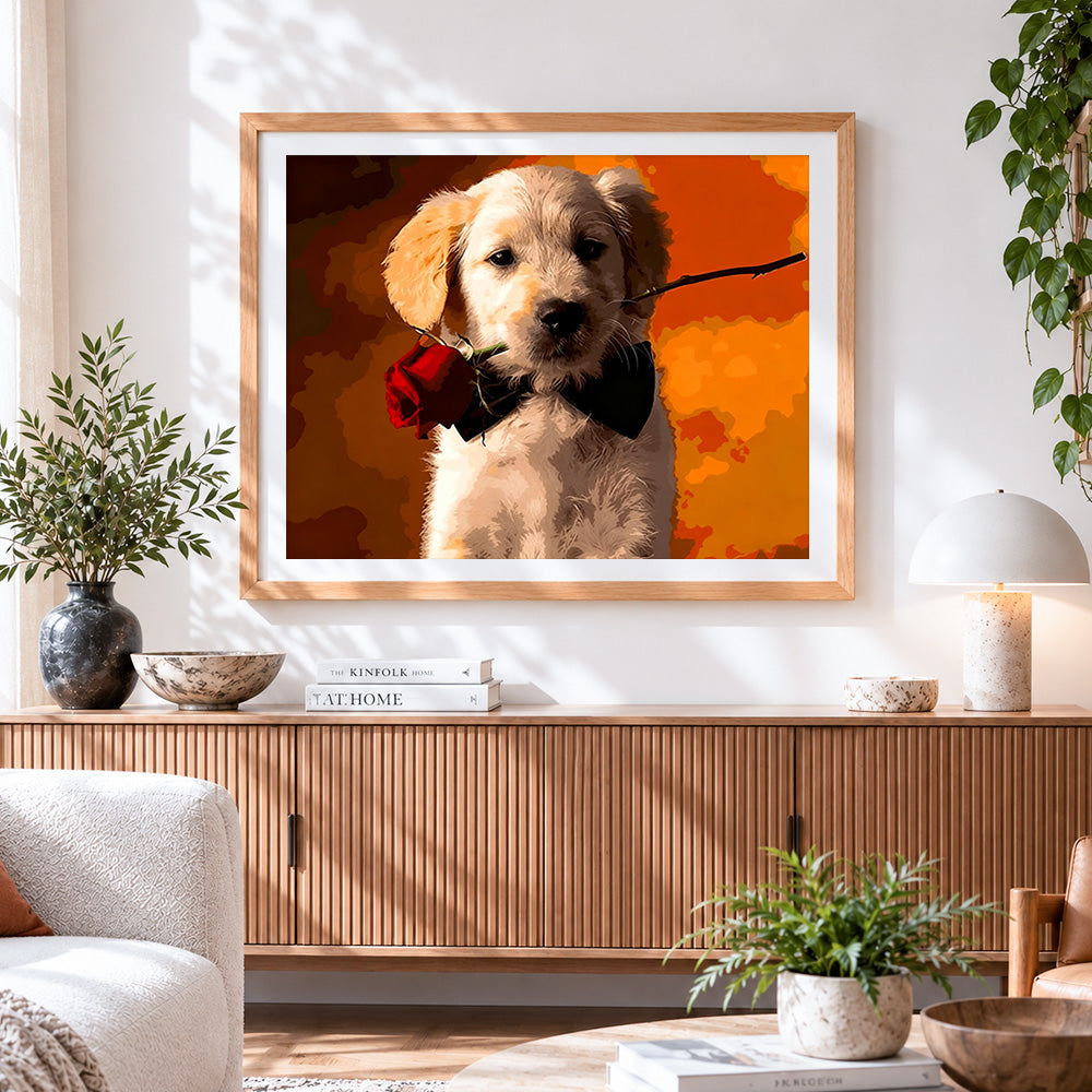 Finished golden retriever puppy with red rose paint by numbers artwork displayed as home decor