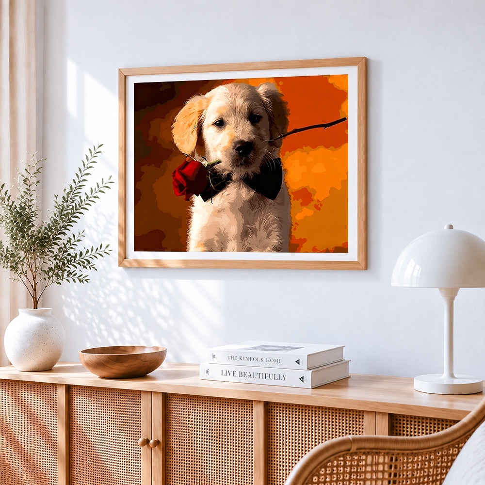 Golden retriever puppy with red rose paint by numbers artwork displayed on wall as home decor