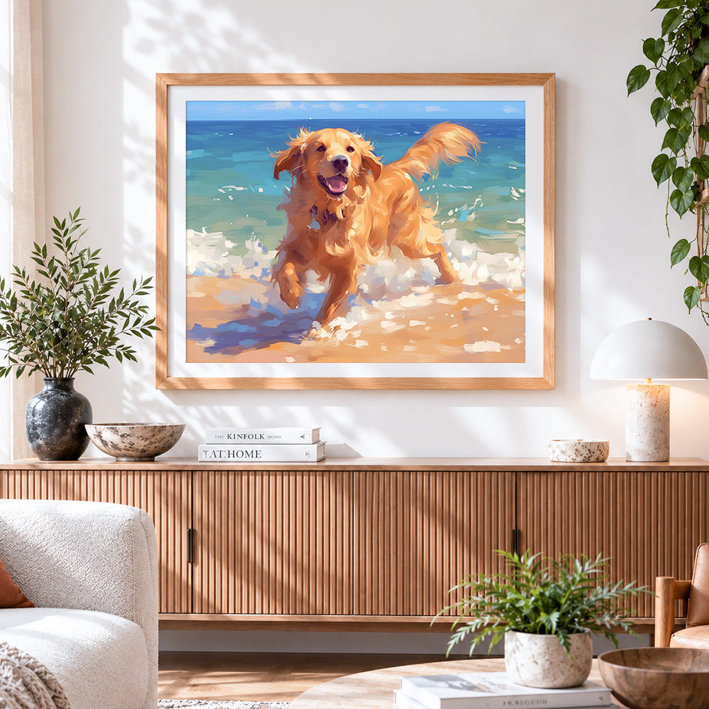 Finished golden retriever running on the beach cross stitch artwork displayed