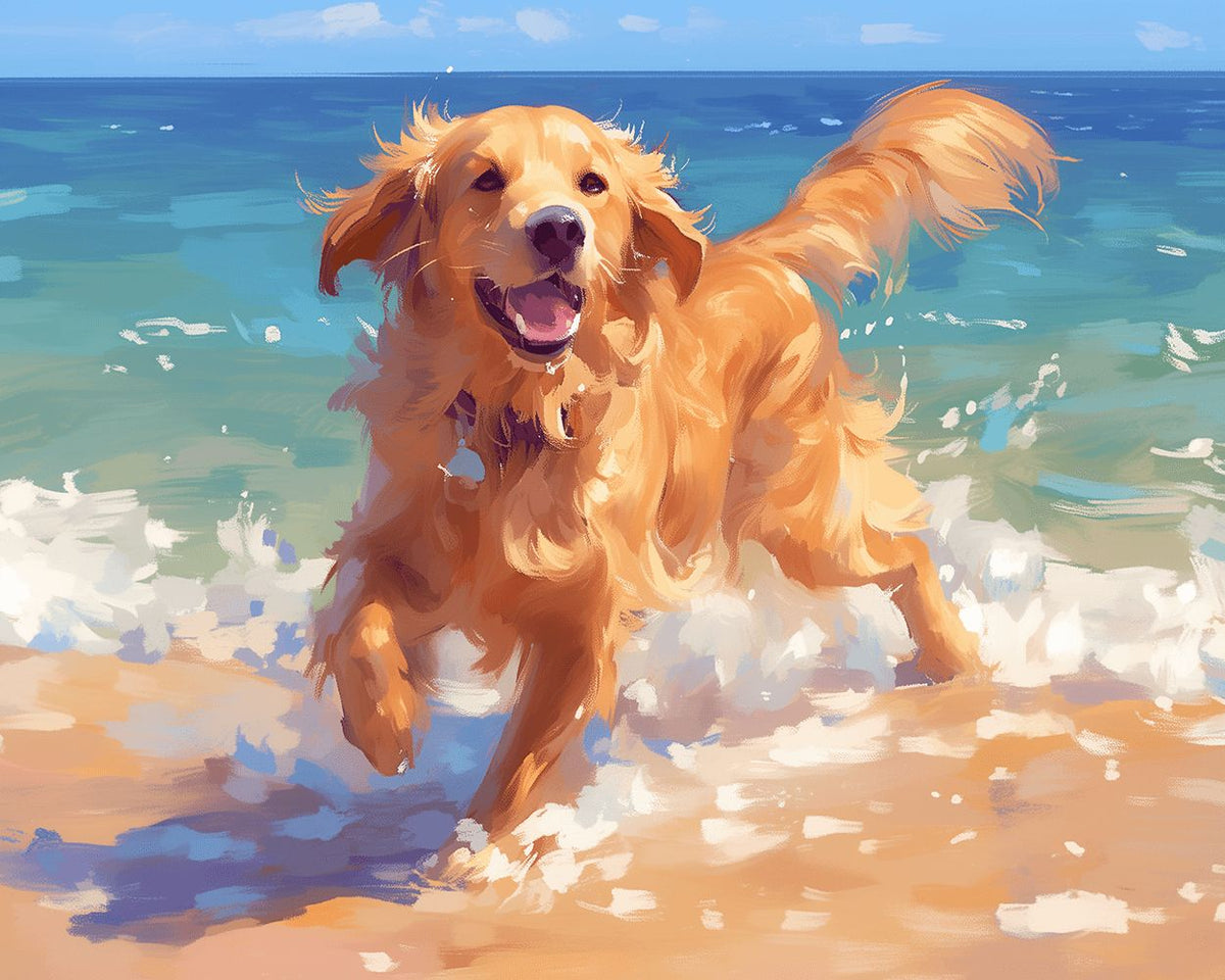 Golden retriever running on the beach cross stitch kit for beginners