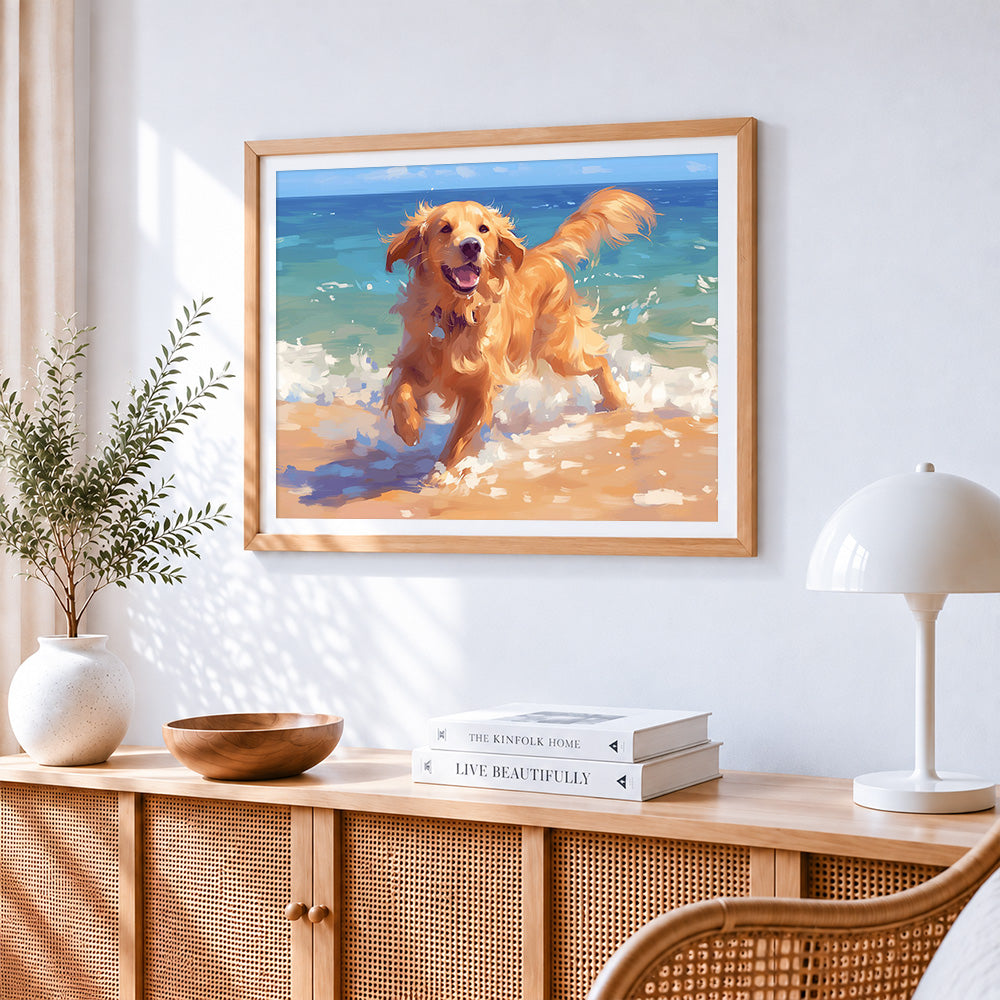 Golden retriever running on the beach paint by numbers artwork displayed on wall as home decor