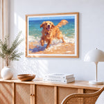 Golden retriever running on the beach paint by numbers artwork displayed on wall as home decor