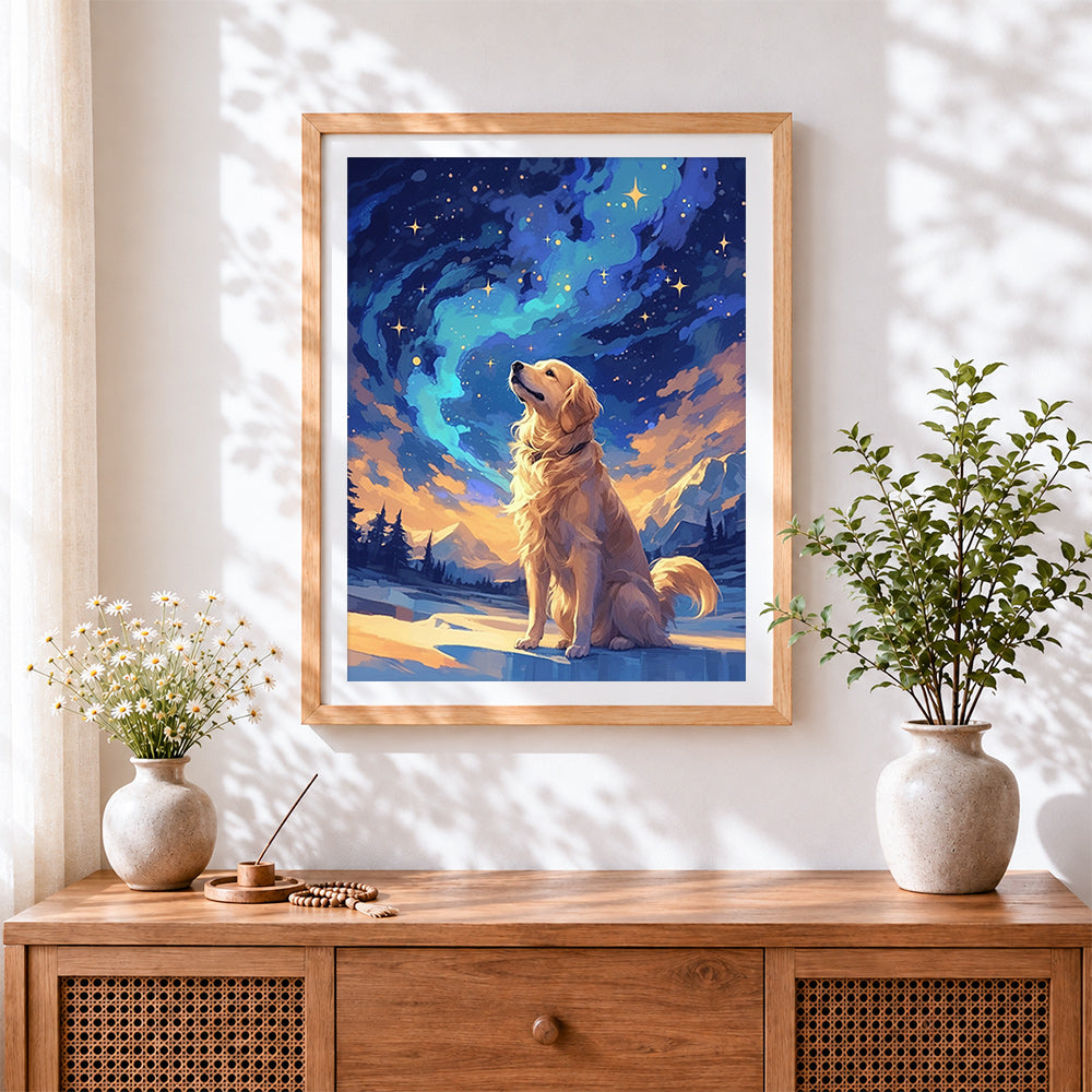 Finished golden retriever under starry sky cross stitch artwork displayed
