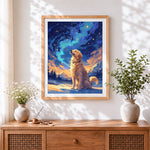 Finished golden retriever under starry sky paint by numbers artwork displayed as home decor