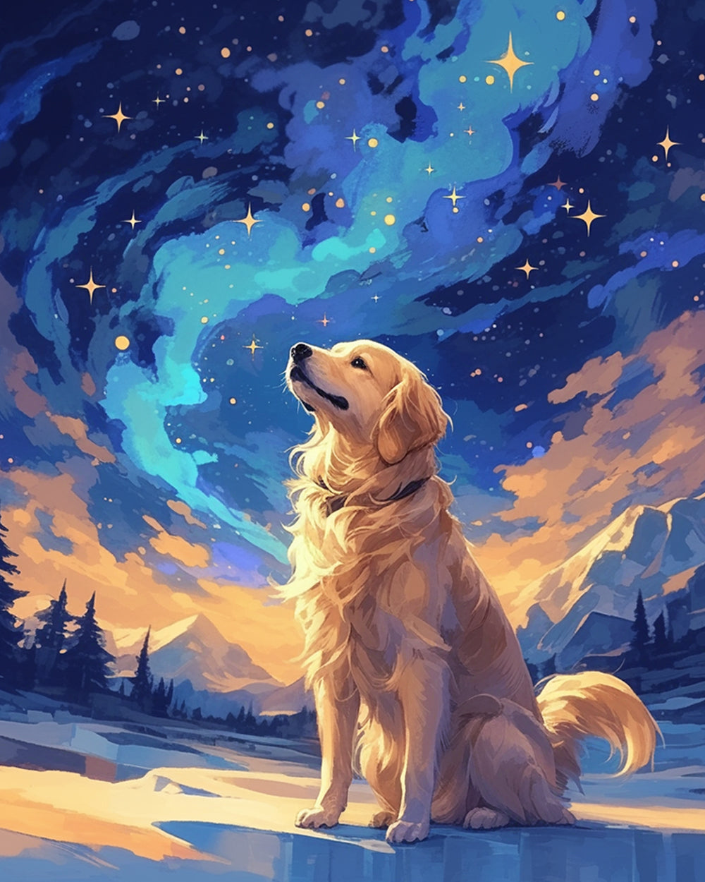 Golden retriever under starry sky paint by numbers kit for beginners