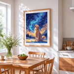 Golden retriever under starry sky paint by numbers artwork displayed on wall as home decor