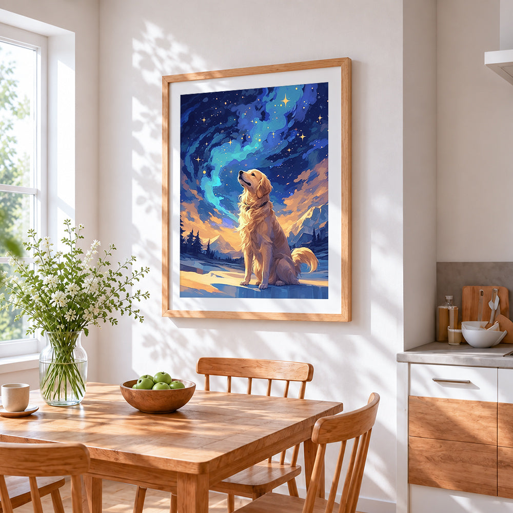 Golden retriever under starry sky paint by numbers artwork displayed on wall as home decor