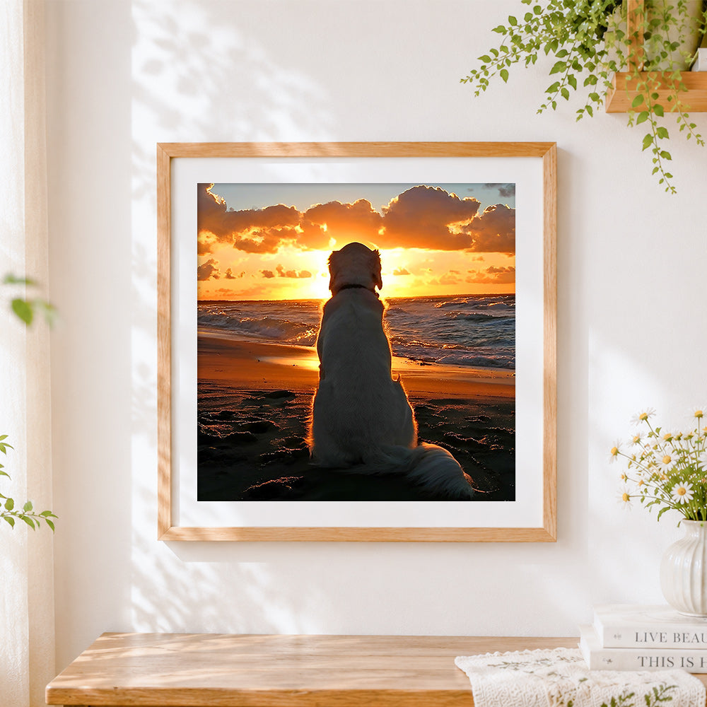 Finished golden retriever watching the sunset cross stitch artwork displayed