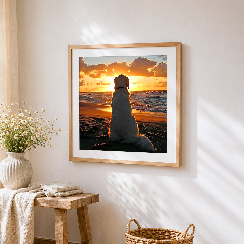 Golden retriever watching the sunset cross stitch artwork displayed on wall as home decor