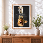 Finished golden retriever water reflection cross stitch artwork displayed