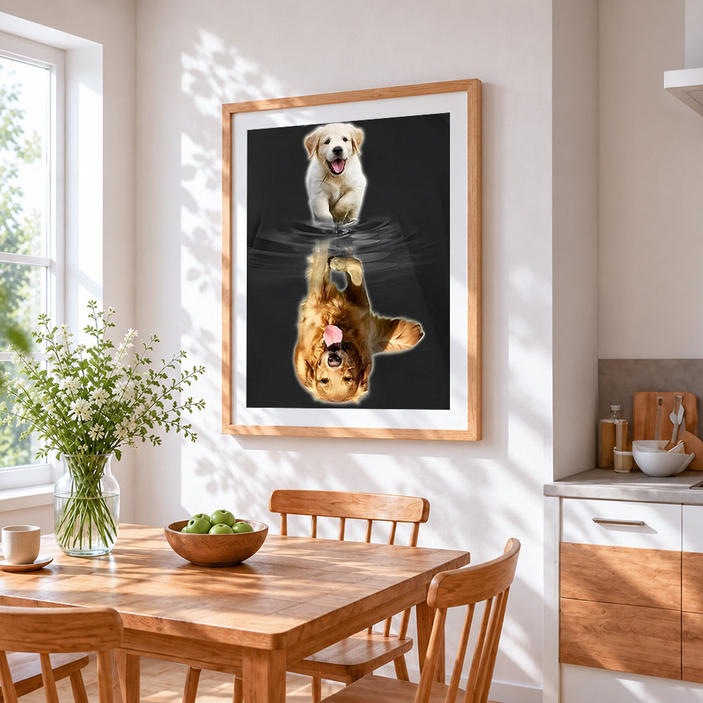 Golden retriever water reflection cross stitch artwork displayed on wall as home decor