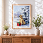 Finished golden retriever with a christmas present cross stitch artwork displayed