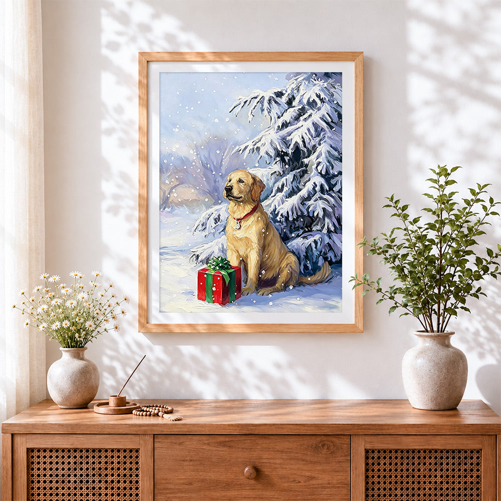Finished golden retriever with a christmas present cross stitch artwork displayed