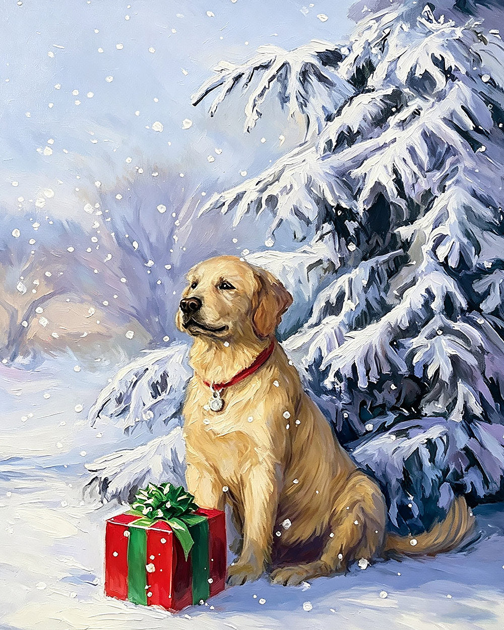 Golden retriever with a christmas present cross stitch kit for beginners