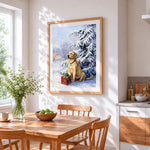 Golden retriever with a christmas present cross stitch artwork displayed on wall as home decor