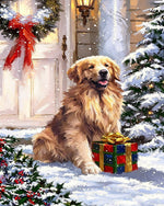 Golden retriever with christmas present cross stitch kit for beginners