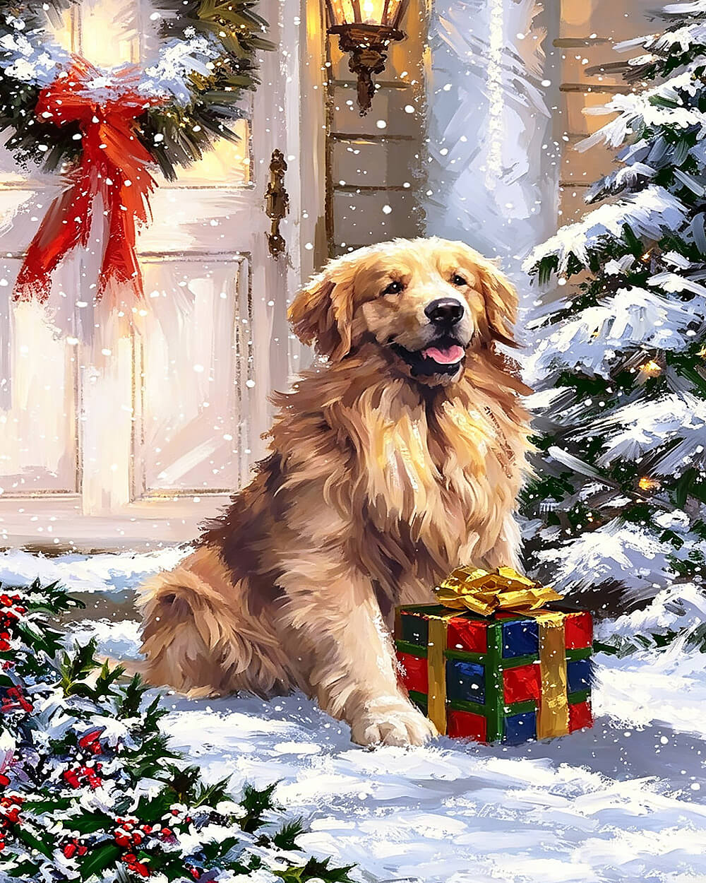 Golden retriever with christmas present cross stitch kit for beginners