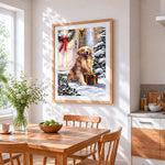 Golden retriever with christmas present cross stitch artwork displayed on wall as home decor