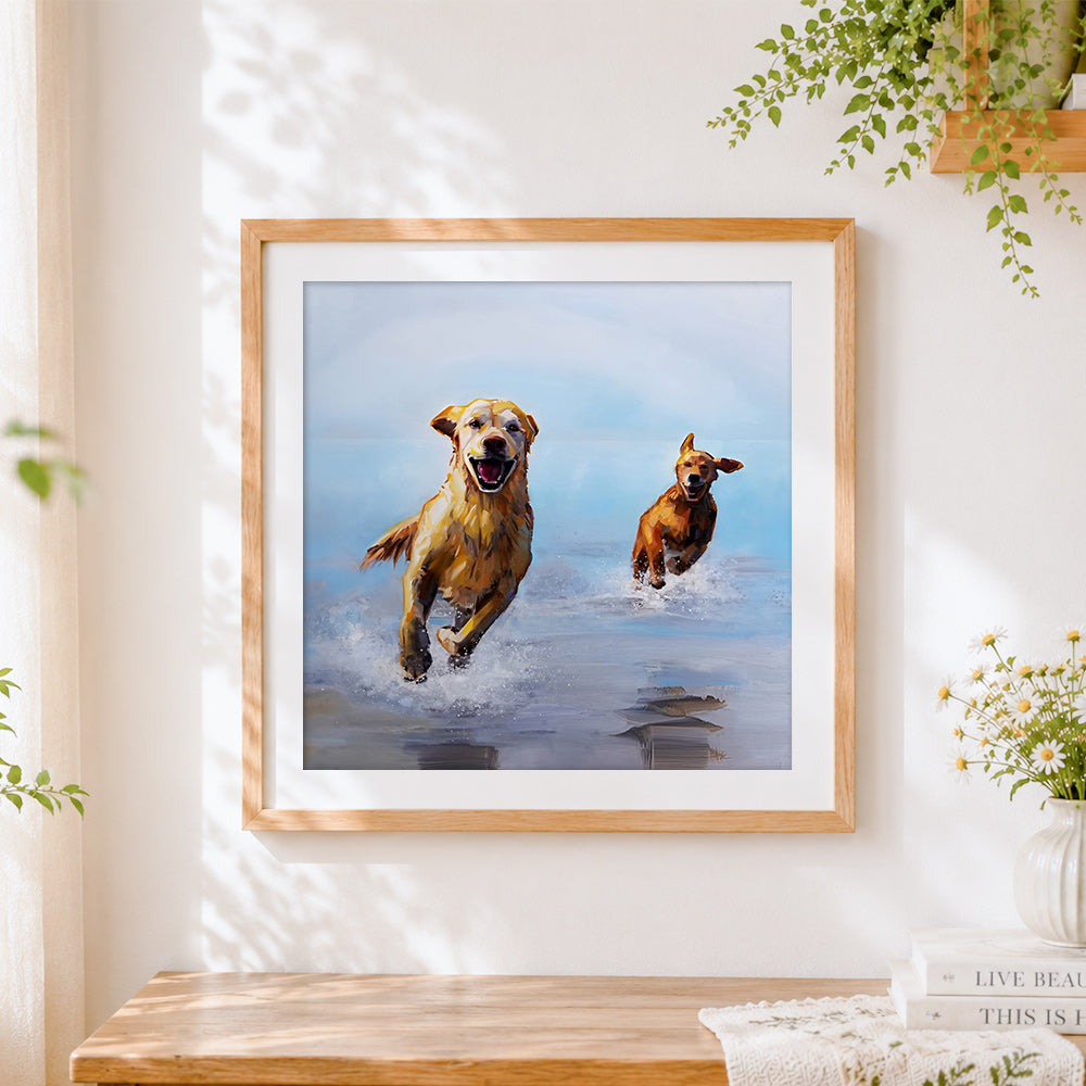 Finished golden retrievers running on the beach cross stitch artwork displayed