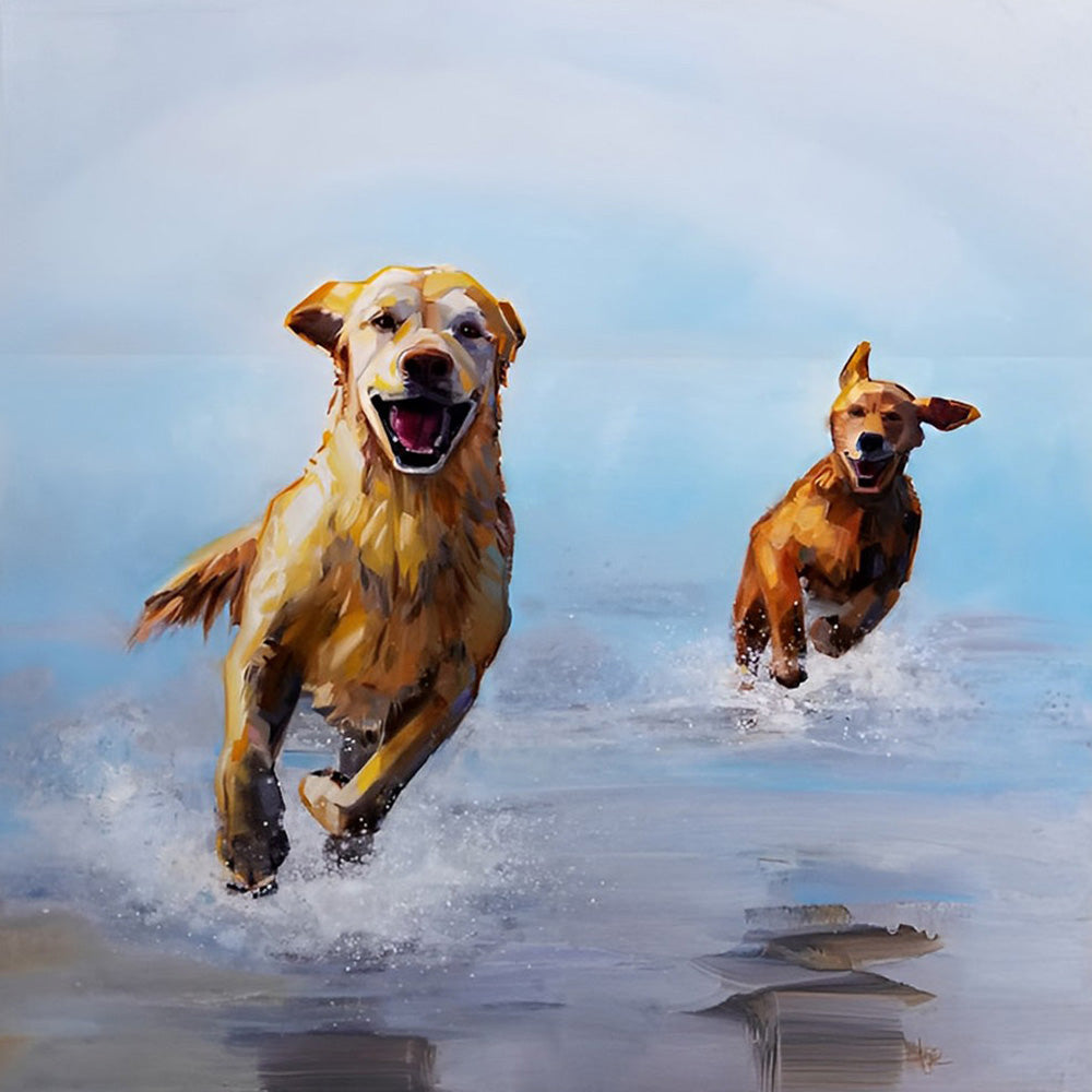 Golden retrievers running on the beach cross stitch kit for beginners