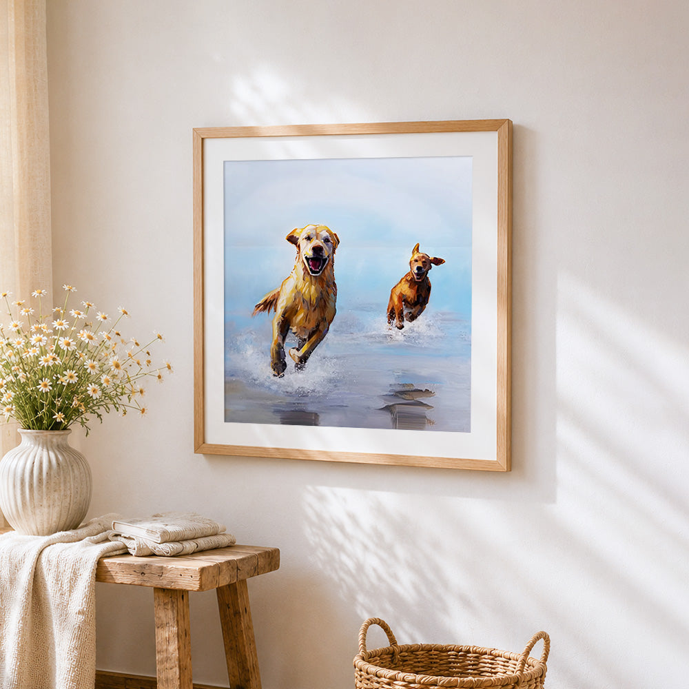 Golden retrievers running on the beach cross stitch artwork displayed on wall as home decor