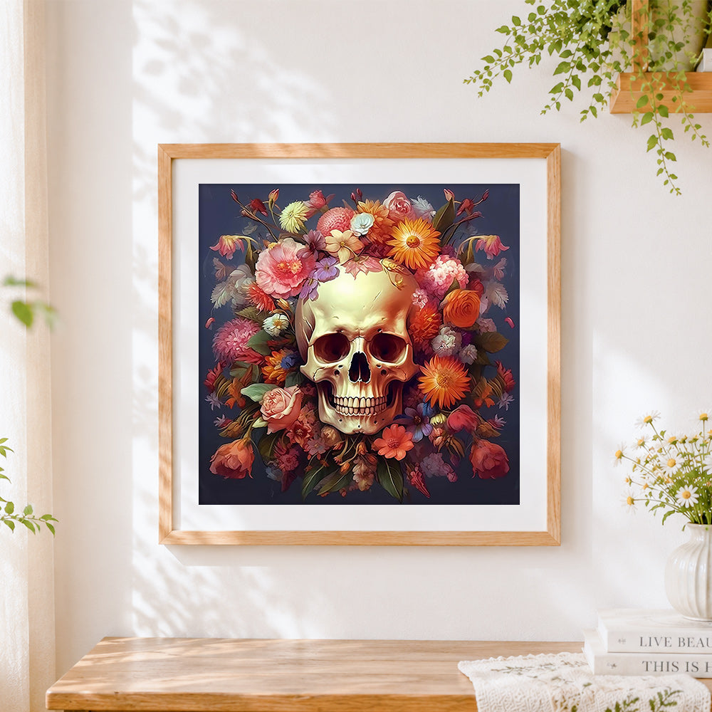 Finished golden skull surrounded by flowers cross stitch artwork displayed