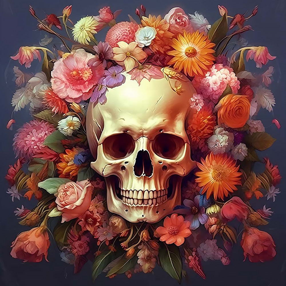 Golden skull surrounded by flowers cross stitch kit for beginners