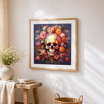 Golden skull surrounded by flowers cross stitch artwork displayed on wall as home decor