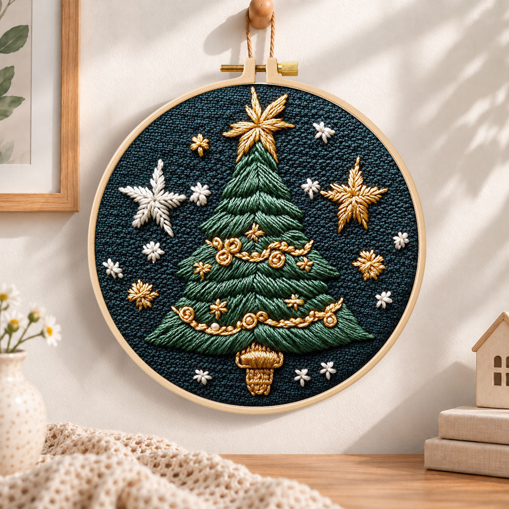 Golden star christmas tree embroidery hoop wall art displayed as warm and cosy handmade home decor