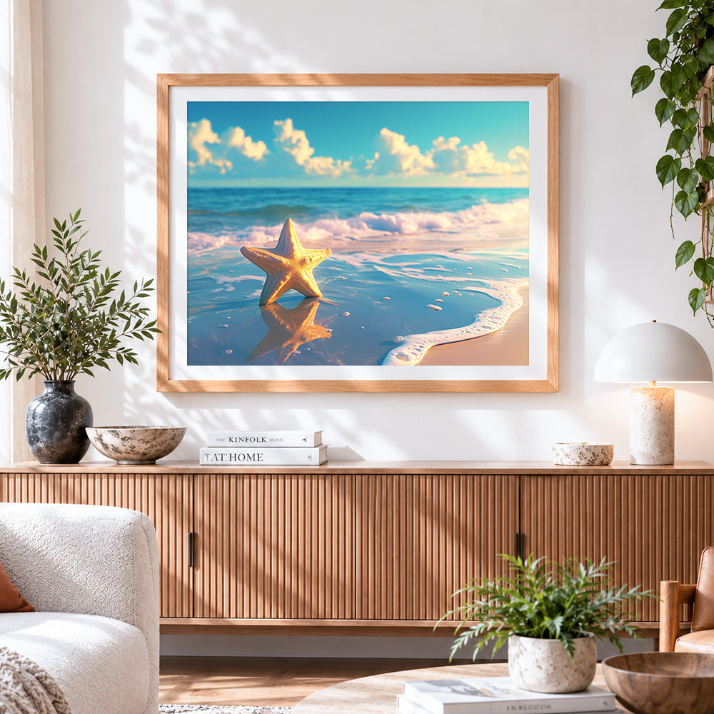 Finished golden starfish on shore cross stitch artwork displayed
