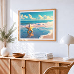 Golden starfish on shore cross stitch artwork displayed on wall as home decor
