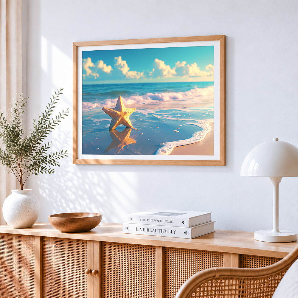 Golden starfish on shore cross stitch artwork displayed on wall as home decor