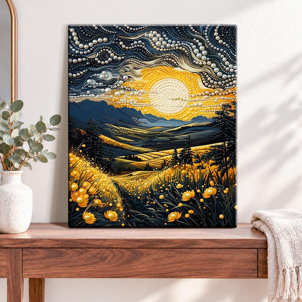 Finished golden starry valley pearl diamond painting artwork displayed as home decor