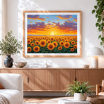Finished golden sunflower field at sunset paint by numbers artwork displayed as home decor