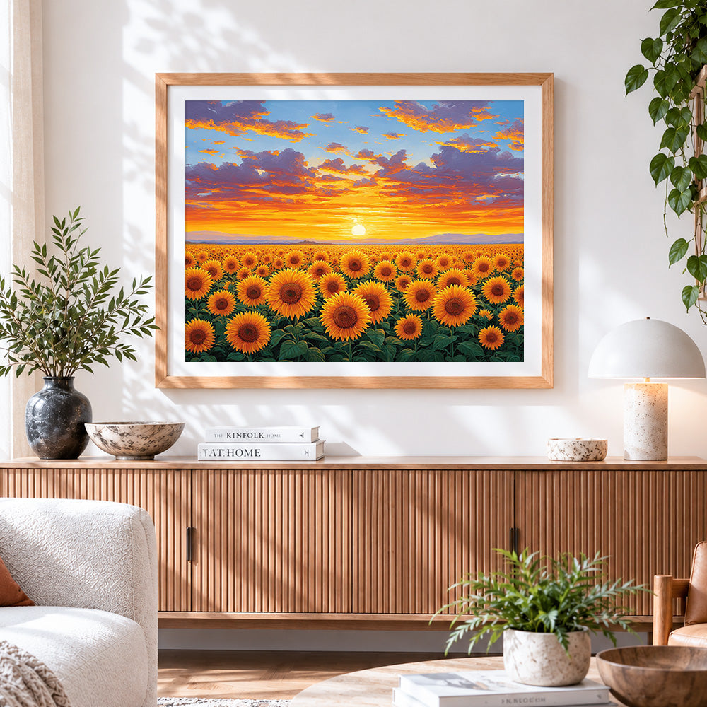 Finished golden sunflower field at sunset paint by numbers artwork displayed as home decor