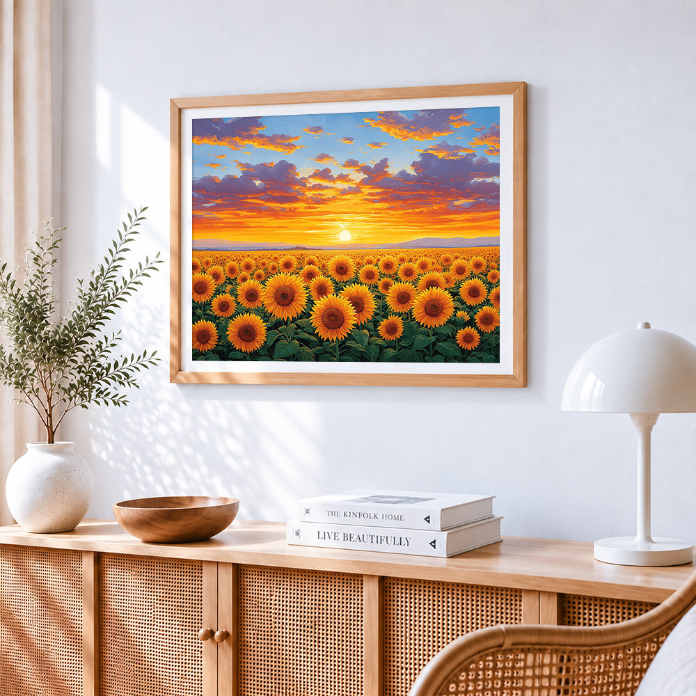 Golden sunflower field at sunset paint by numbers artwork displayed on wall as home decor