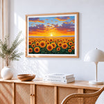 Golden sunflower field at sunset paint by numbers artwork displayed on wall as home decor