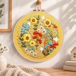 Golden sunflower wreath with white birds embroidery hoop wall art displayed as warm and cosy handmade home decor