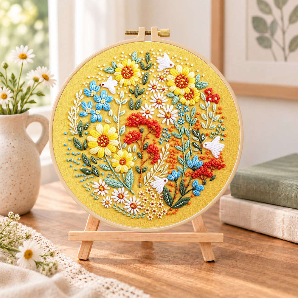 Golden sunflower wreath with white birds embroidery kit finished hoop displayed on a wooden stand as cosy tabletop decor