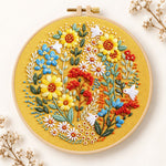 Golden sunflower wreath with white birds embroidery kit