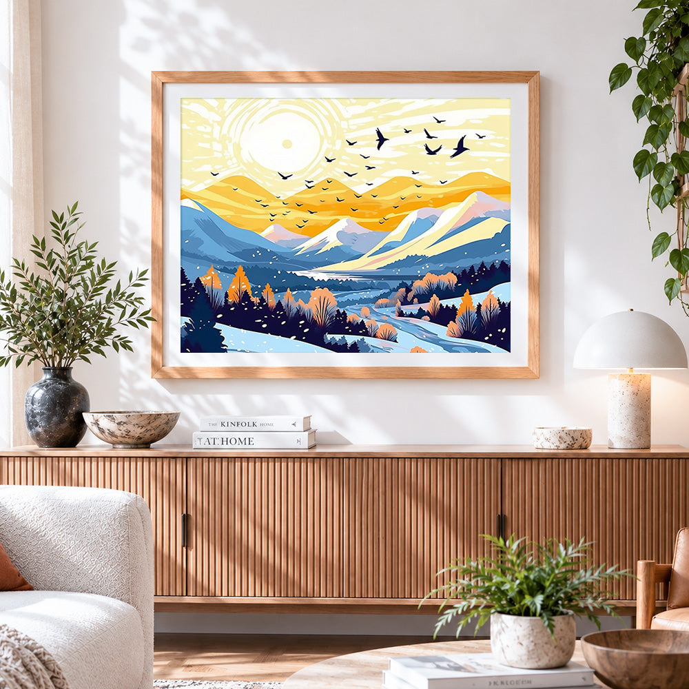 Finished golden sunrise over mountains cross stitch artwork displayed